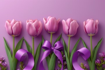 Fototapeta premium Women's Day design with tulips and ribbon