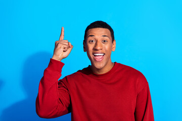 Fototapeta premium Photo of clever funky person point finger great excellent idea choice isolated on blue color background