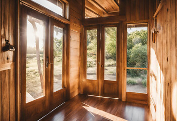 Obraz premium inside view of a beautiful wooden house and sun light entering from the main door