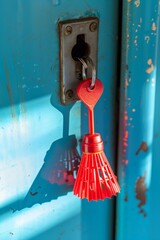 Shuttlecock keychain hanging on a rustic locker, a fusion of sport and everyday lifestyle