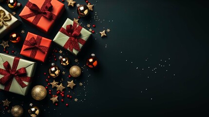 Christmas decorations on black dark table. Copy space. New year background.