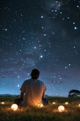 Man sitting on grass at night, gazing at a starry sky with light spheres around, in a moment of solitude and wonder