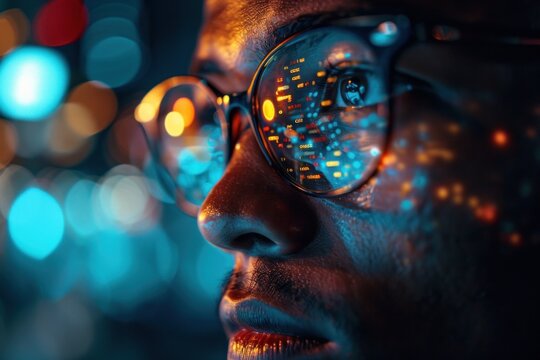 Close-up cinematic portrait of a man with a reflection of computer code in his glasses