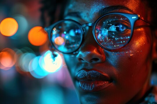 Close-up cinematic portrait of a woman with a reflection of a computer code in her glasses