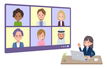 複数人でオンライン会議をしている紺ブレザー女子学生のセット。奥行きアングル