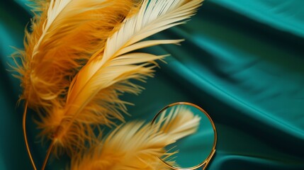 Artistic composition of golden feathers and a reflection in a mirror against a teal silk background