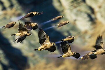 Flock of peregrine falcons in flight against blurred mountain background, symbolizing freedom and the beauty of wildlife
