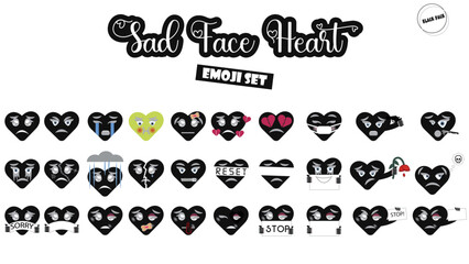 Set of emoji sad heart. Black heart collection isolated on white background. Depressive emoji. Single emoji. Emoticons collection. love symbol. broken heart. domestic violence. concept - Stock vector