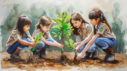 The concept of Earth Day. Cartoon characters planting seedlings and growing trees into soil working in garden - obrazy, fototapety, plakaty