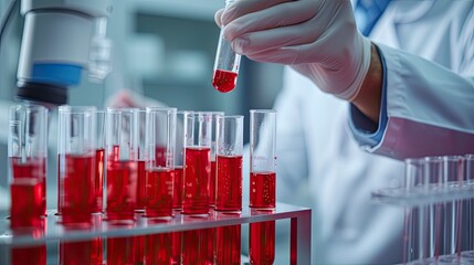 blood samples in test tubes as a hematology laboratory specialist conducts analysis, scrutinizing the red liquid under a microscope, crucial for medical diagnosis and treatment.