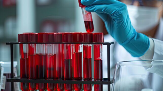 blood samples in test tubes as a hematology laboratory specialist conducts analysis, scrutinizing the red liquid under a microscope, crucial for medical diagnosis and treatment.