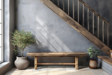 Rustic allure: Modern entryway features a wooden bench against a grey wall and staircase, embodying Scandinavian farmhouse interior design with rustic charm.