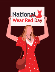 A young woman in a red dress holds a banner in her hands with the inscription National Wear Red Day. Awareness day of heart disease prevention. Medical cardiology concept. Flat vector illustration 