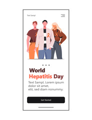 World Hepatitis Day is observed each year on 28 July to raise awareness on viral hepatitis. Young people stand side by side together with yellow and red ribbon. Web design and mobile template.