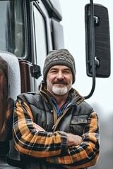 Obraz premium A confident male driver standing next to his truck. The concept of transportation. This driver's joy is infectious as he poses next to his truck.