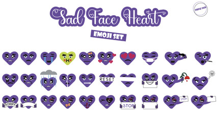 Purple heart collection isolated on white background. Set of emoji sad heart. Depressive emoji. Single emoji.. love symbol. broken heart. domestic violence. Purple concept - Stock vector illustration