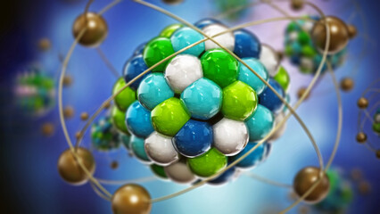 Abstract molecule model consisting of colored spheres. 3D illustration