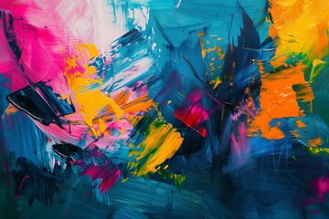 An abstract, colorful painting with vibrant hues and dynamic brush strokes