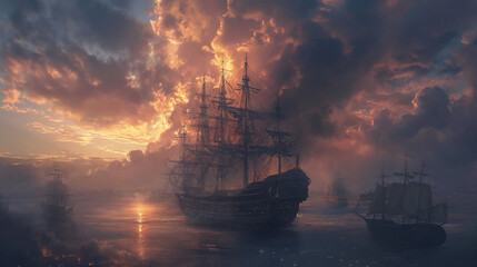 Painting of Two Ships in the Ocean at Sunset - obrazy, fototapety, plakaty
