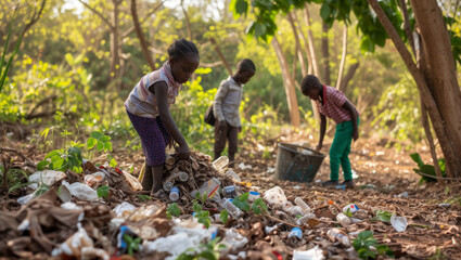 Children from Africa living in poverty earn a little money by scavenging for trash in the forest and selling it