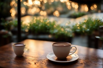 Obraz premium Cup of hot chocolate with cinnamon on wooden table, closeup
