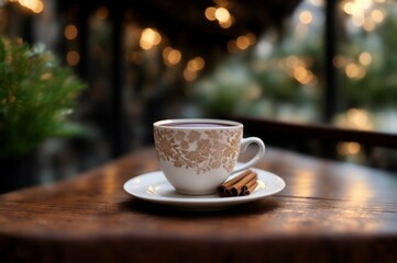Obraz premium Cup of hot chocolate with cinnamon on wooden table, closeup