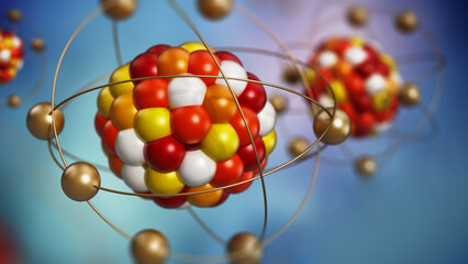 Abstract molecule model consisting of colored spheres. 3D illustration