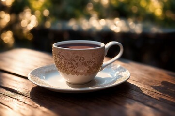 Fototapeta premium Cup of hot chocolate with cinnamon on wooden table, closeup