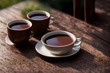 Cup of hot chocolate with cinnamon on wooden table, closeup