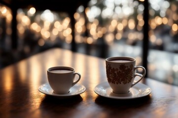 Obraz premium Cup of hot chocolate with cinnamon on wooden table, closeup