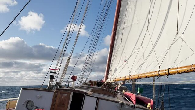 view from a retro style sailing schooner during the passage of the Drake Strait, wooden boat boom, lots of ropes, large waves of the southern ocean in sunny weather
