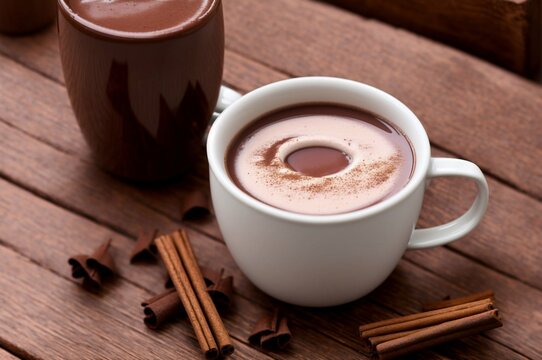 Cup of hot chocolate with cinnamon on wooden table, closeup