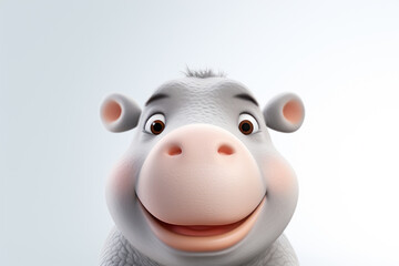 Fototapeta premium Adorable 3D cartoon hippopotamus close-up portrait on a white background.
