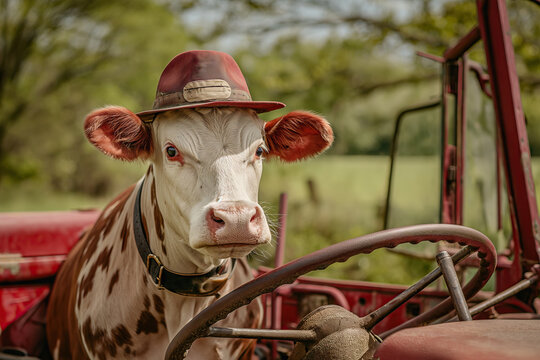 Funny agriculture image of a cow driving a tractor in farm
