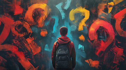Man Standing in Front of Painting With Question Marks