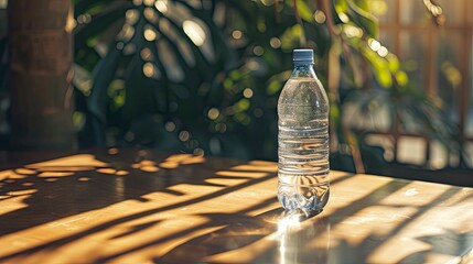 plastic bottle of cold water on a table, with sunlight creating a refreshing reflection