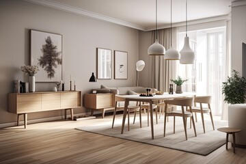Interior of a bright living room with four seats, a dining table, a sideboard, a carpet, and an oak parquet floor. minimalist design principle. a relaxed setting for meetings