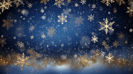 Elegant winter background with gold and navy snowflakes for seasonal designs and decorations