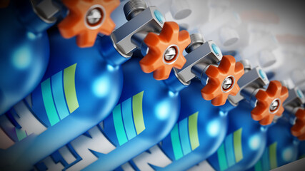 Group of blue Nitrous Oxide tanks. 3D illustration