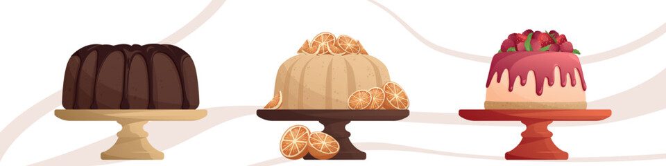 Set of different desserts with chocolate biscuits, strawberry, orange, tangerine, raspberry. Baking, cooking, sweet food, dessert, pastry for poster, banner, cover, card, postcard, menu.