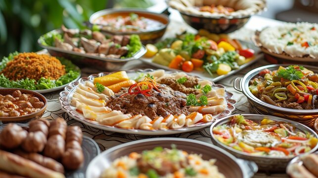 Arabic cuisine;Middle Eastern traditional lunch. It's also Ramadan 'Iftar'.The meal eaten by Muslims after sunset during Ramadan. Assorted of Egyptian oriental dishes.Served food for Family Gathering.