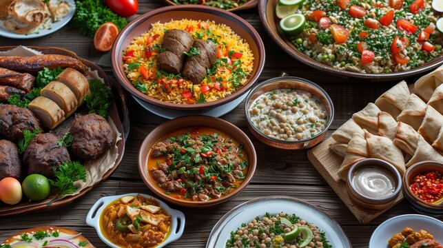 Arabic cuisine;Middle Eastern traditional lunch. It's also Ramadan 'Iftar'.The meal eaten by Muslims after sunset during Ramadan. Assorted of Egyptian oriental dishes.Served food for Family Gathering.