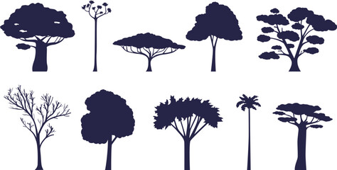 Set of silhouettes of African trees. Savannah vegetation.