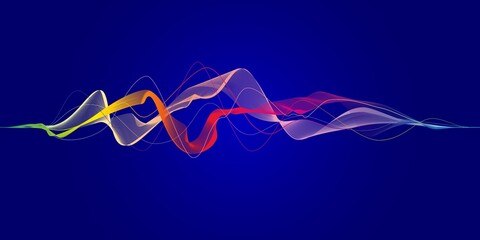Visualization of music, sound. Abstract rainbow wave on blue background