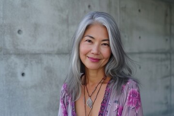 Portrait of a smiling mature Asian woman with gray hair against a concrete wall background.
