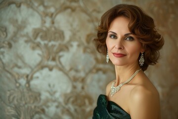 Glamorous studio portrait of a middle-aged woman in an evening gown, with elegant jewelry, against a luxurious, opulent background