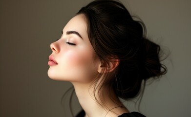 Profile of a young woman with closed eyes, showcasing natural beauty and serene expression on a soft-lit background.