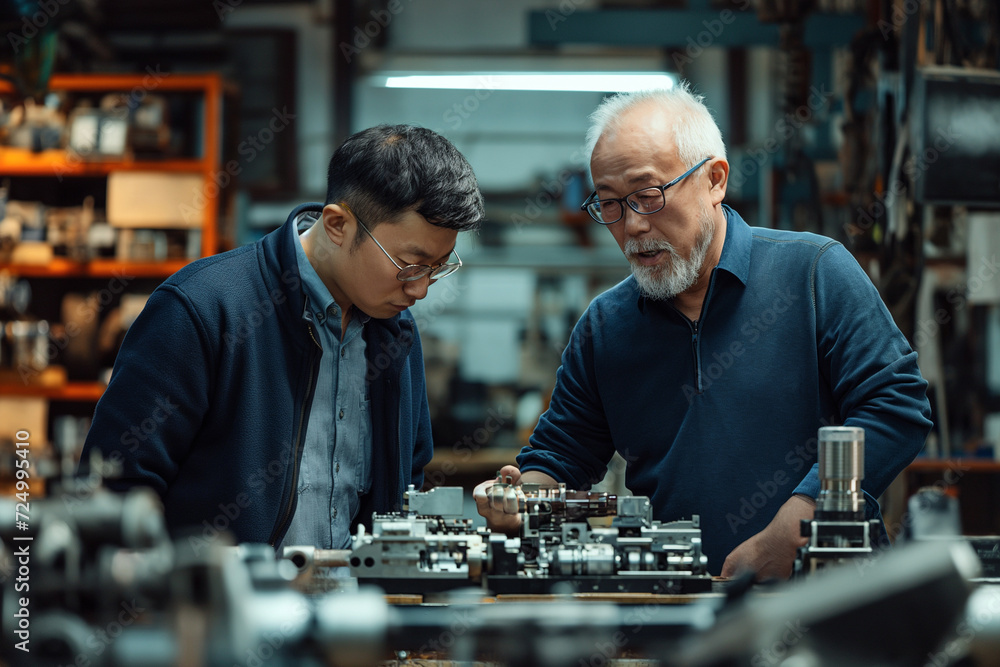 Poster A worker and a colleague inspect a machine part made on a machine