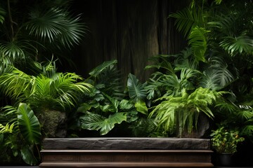 Rustic wooden podium in tropical forest for product presentation with green foliage background