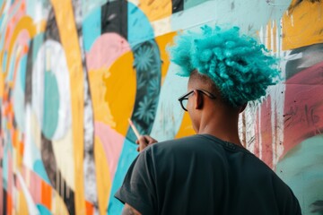 Man with aqua blue curly hair working on a vibrant urban mural